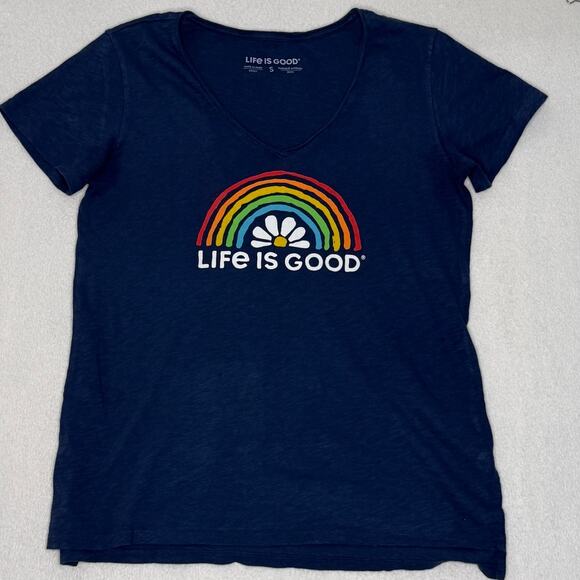 Life is Good Blue Rainbow Daisy Sz Sm V-Neck Textured T-Shirt Tee Top - Picture 1 of 5